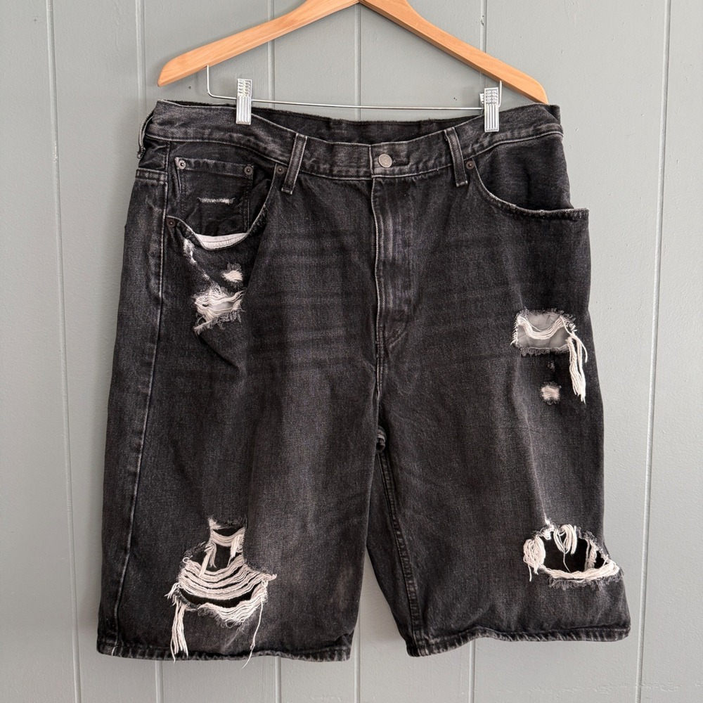 Levi's 569 Mens Shorts W38 Black Distressed Baggy Loose Fit Jorts Grunge Skater